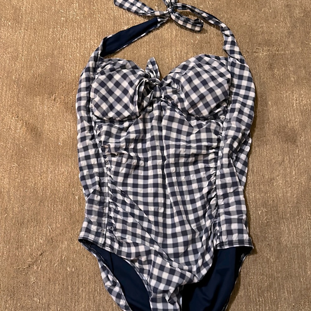 Seafolly Australia one piece blue checkered swimsuit low back tie neck